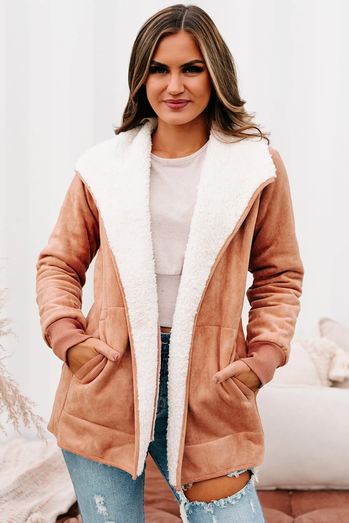 The Cozy Condition Faux Suede Sherpa Lined Coat (Terracotta)