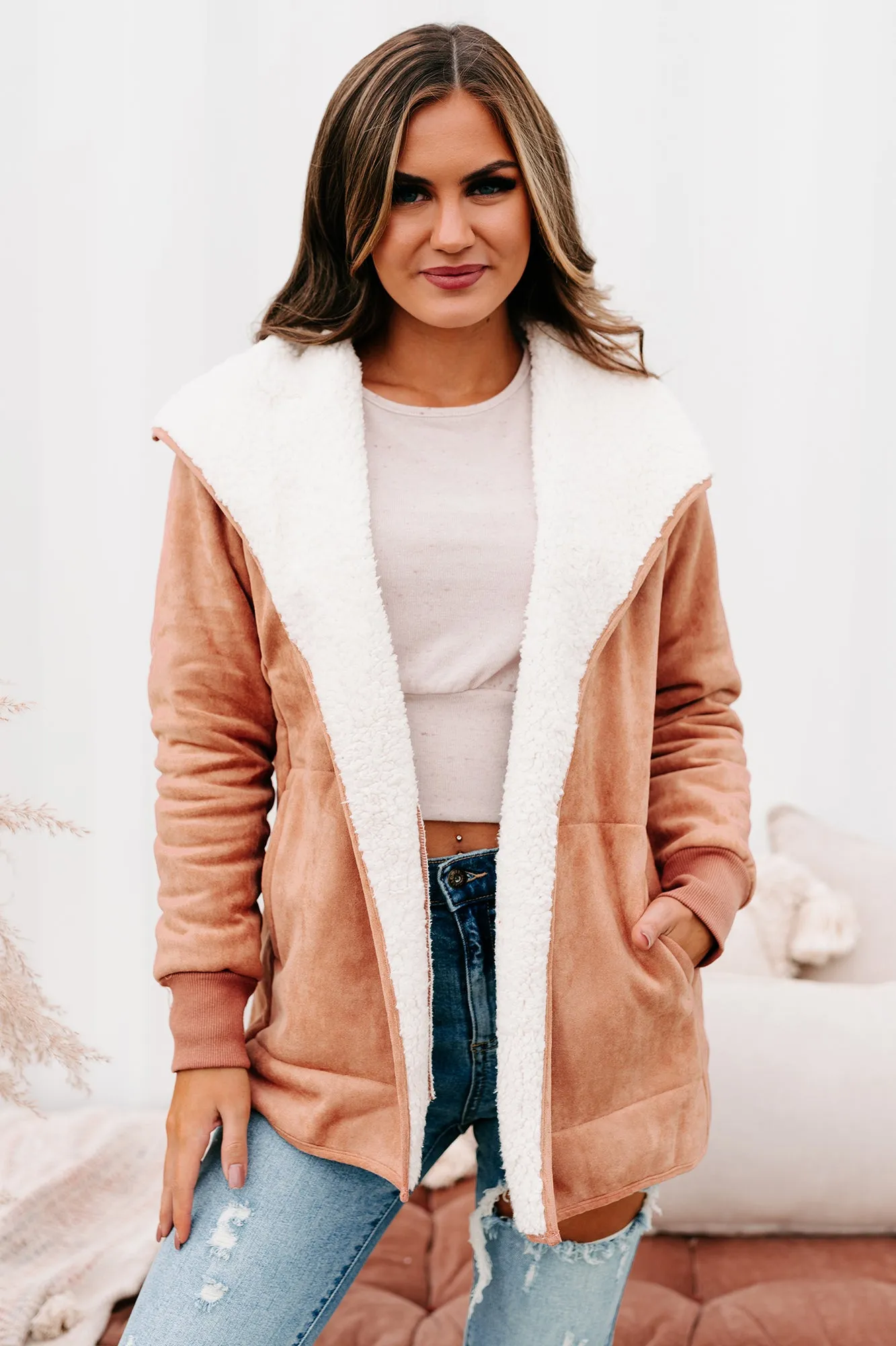 The Cozy Condition Faux Suede Sherpa Lined Coat (Terracotta)