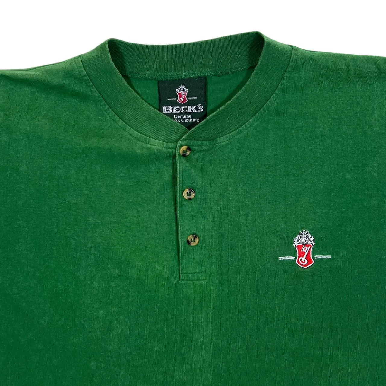 Vintage BECK'S Beer Promo Embroidered Mini Logo Faded Green Henley Button T-Shirt