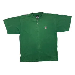 Vintage BECK'S Beer Promo Embroidered Mini Logo Faded Green Henley Button T-Shirt