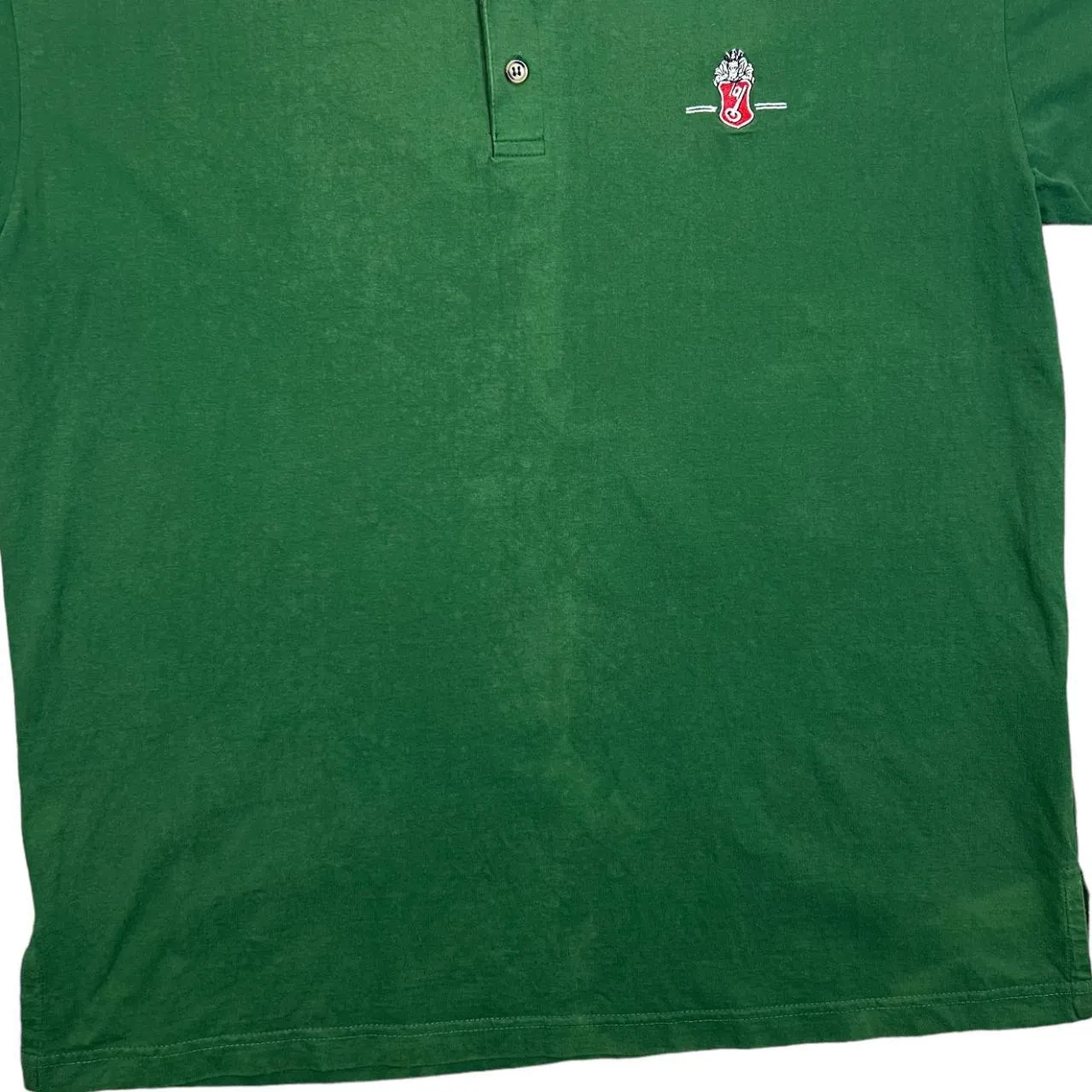 Vintage BECK'S Beer Promo Embroidered Mini Logo Faded Green Henley Button T-Shirt