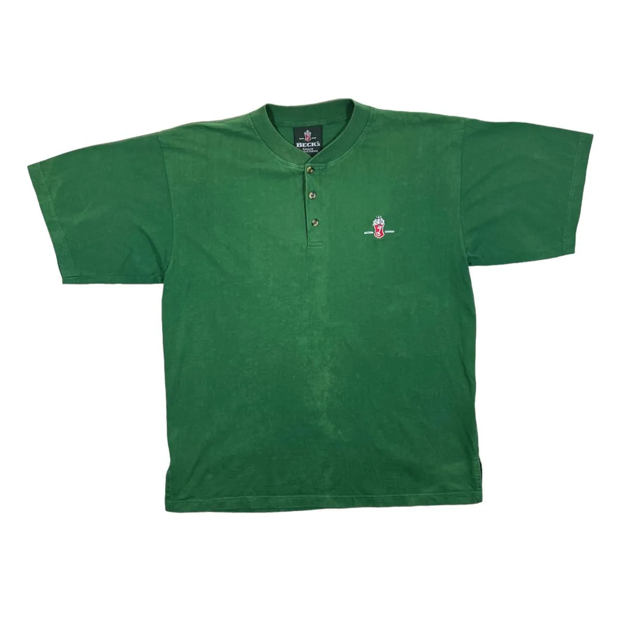 Vintage BECK'S Beer Promo Embroidered Mini Logo Faded Green Henley Button T-Shirt