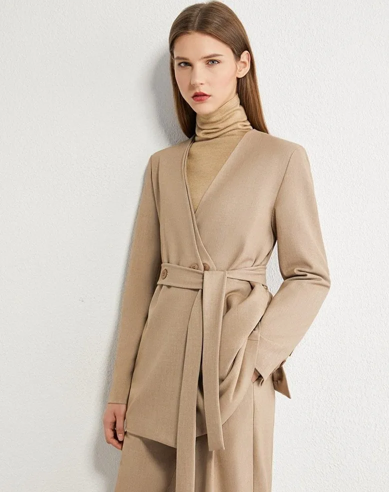 Vneck Solid Double breasted Blazer High Waist Pants