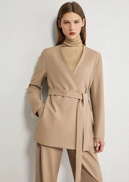Vneck Solid Double breasted Blazer High Waist Pants