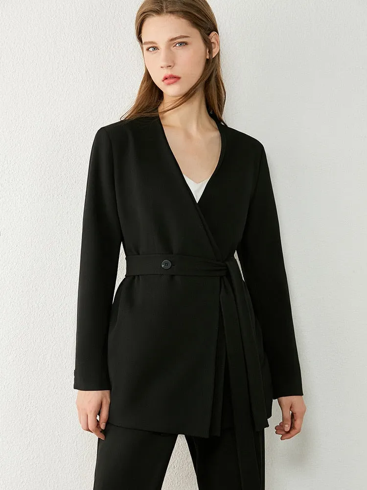 Vneck Solid Double breasted Blazer High Waist Pants