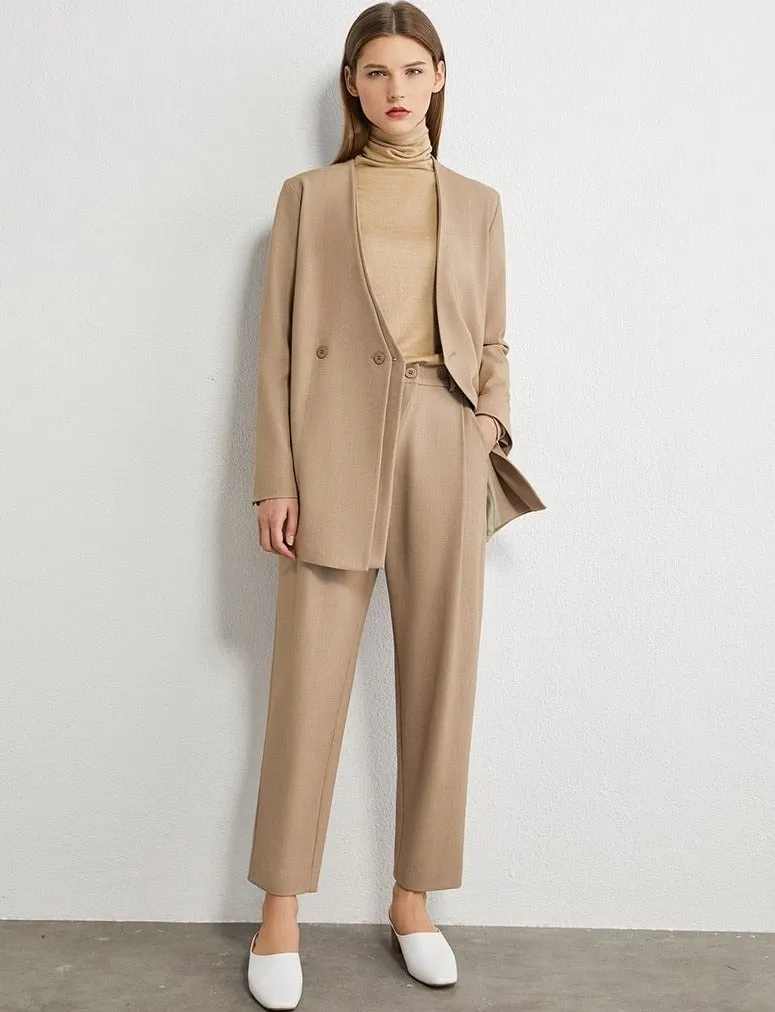 Vneck Solid Double breasted Blazer High Waist Pants