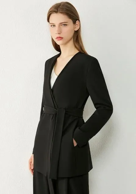 Vneck Solid Double breasted Blazer High Waist Pants