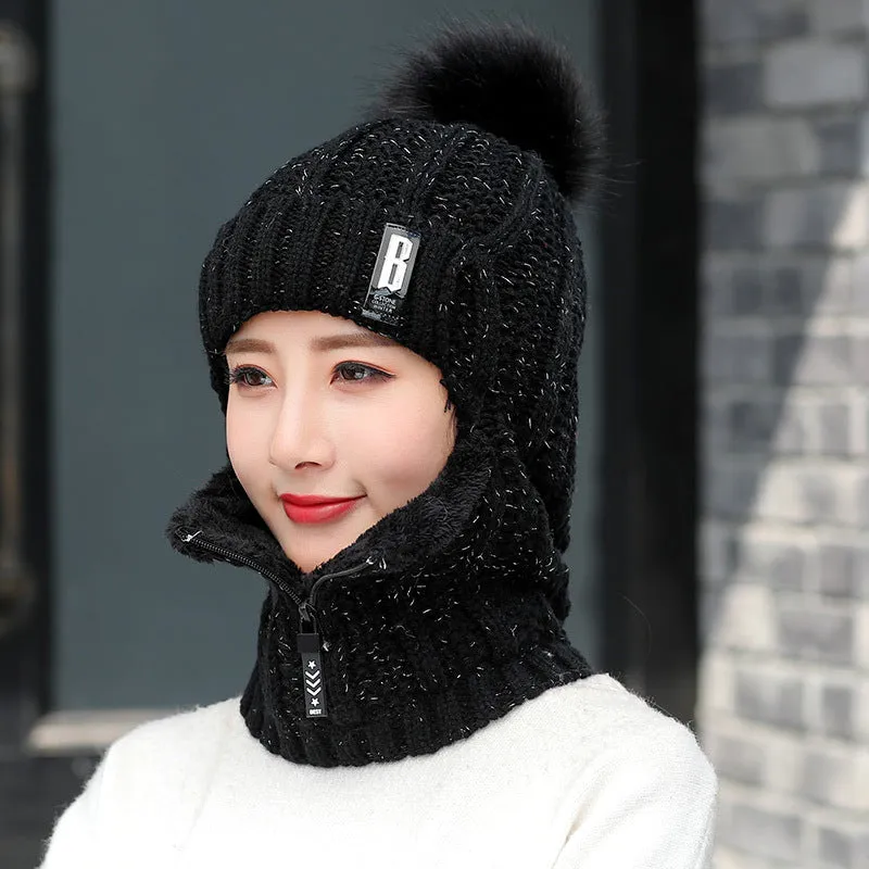 Warm Winter Knit Beanie Hats Women's Warm Korean Fashion Velvet Cold Protection Scarf Unisex