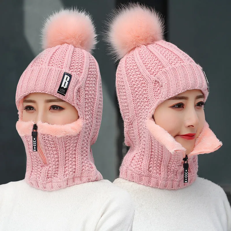 Warm Winter Knit Beanie Hats Women's Warm Korean Fashion Velvet Cold Protection Scarf Unisex