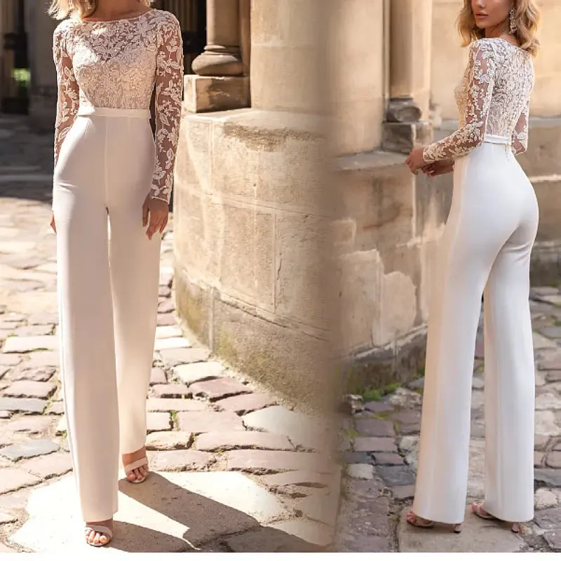 White Bridal Jumpsuit – Lace Stitching High Waist Long Sleeves