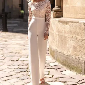 White Bridal Jumpsuit – Lace Stitching High Waist Long Sleeves