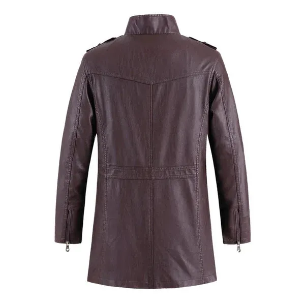 Wine Stand Collar Casual Vintage Leather Biker Coat