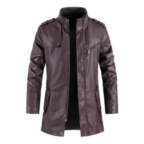 Wine Stand Collar Casual Vintage Leather Biker Coat