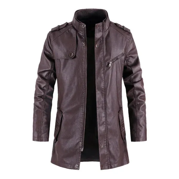 Wine Stand Collar Casual Vintage Leather Biker Coat