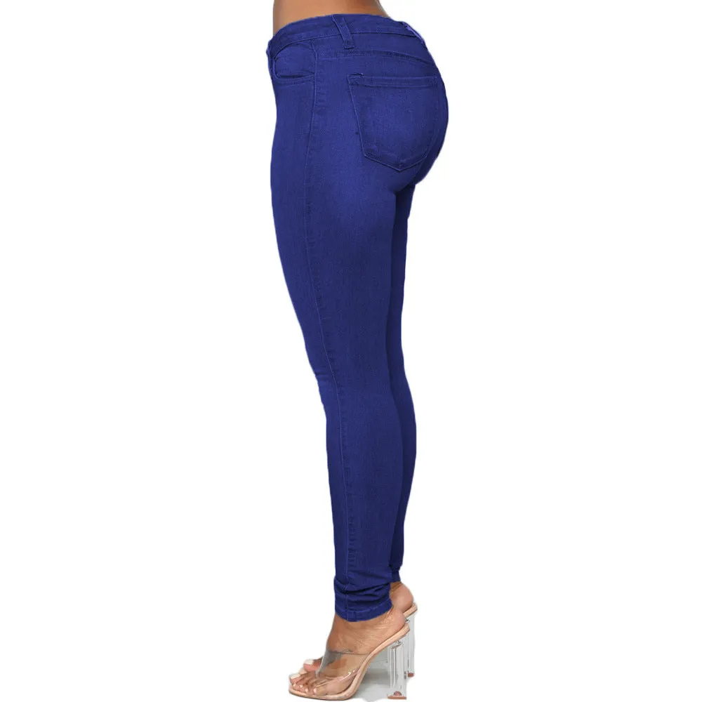 Women Skinny Jeans Solid Color High Waist Stretch Denim Jeans Pencil Pants Classic Casual Wild Bottoms for Daily Streetwear