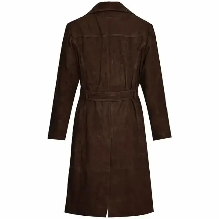 Women's Dark Brown RAF Aviator Suede Leather Trench Coat