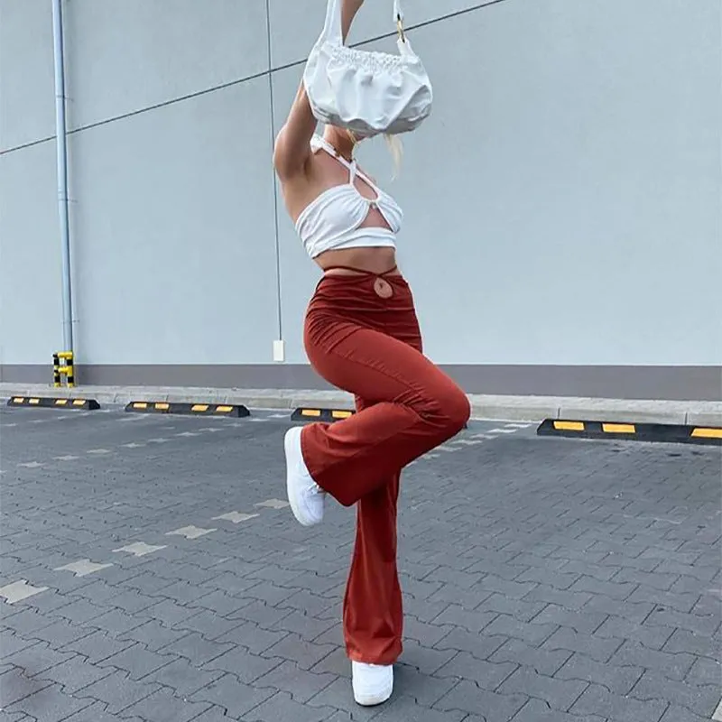 Women's High-waist Lace-up Solid Color Trousers - GlamzLife