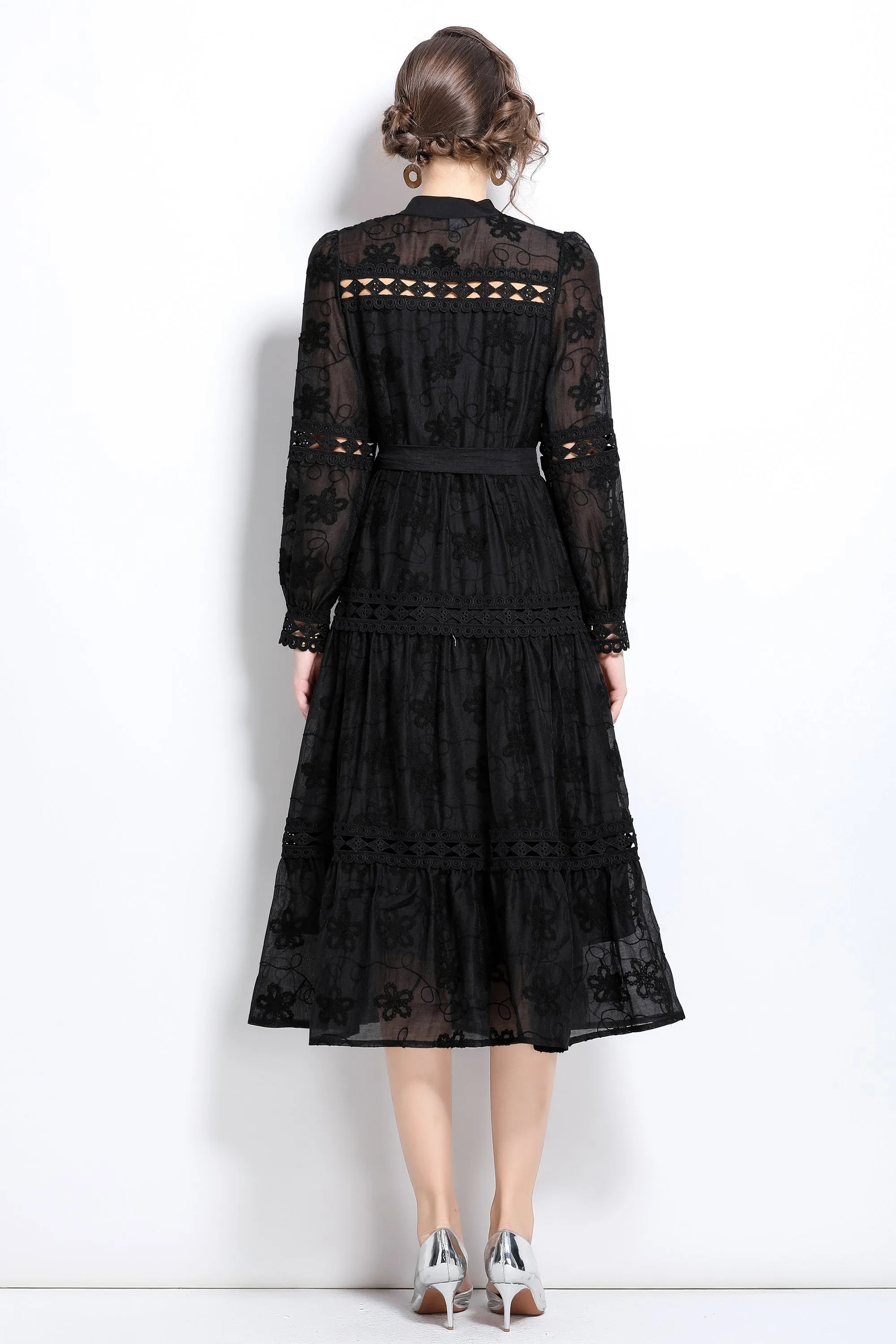 Womens Lace Tulle Hollow Ruffle Button Midi Dress