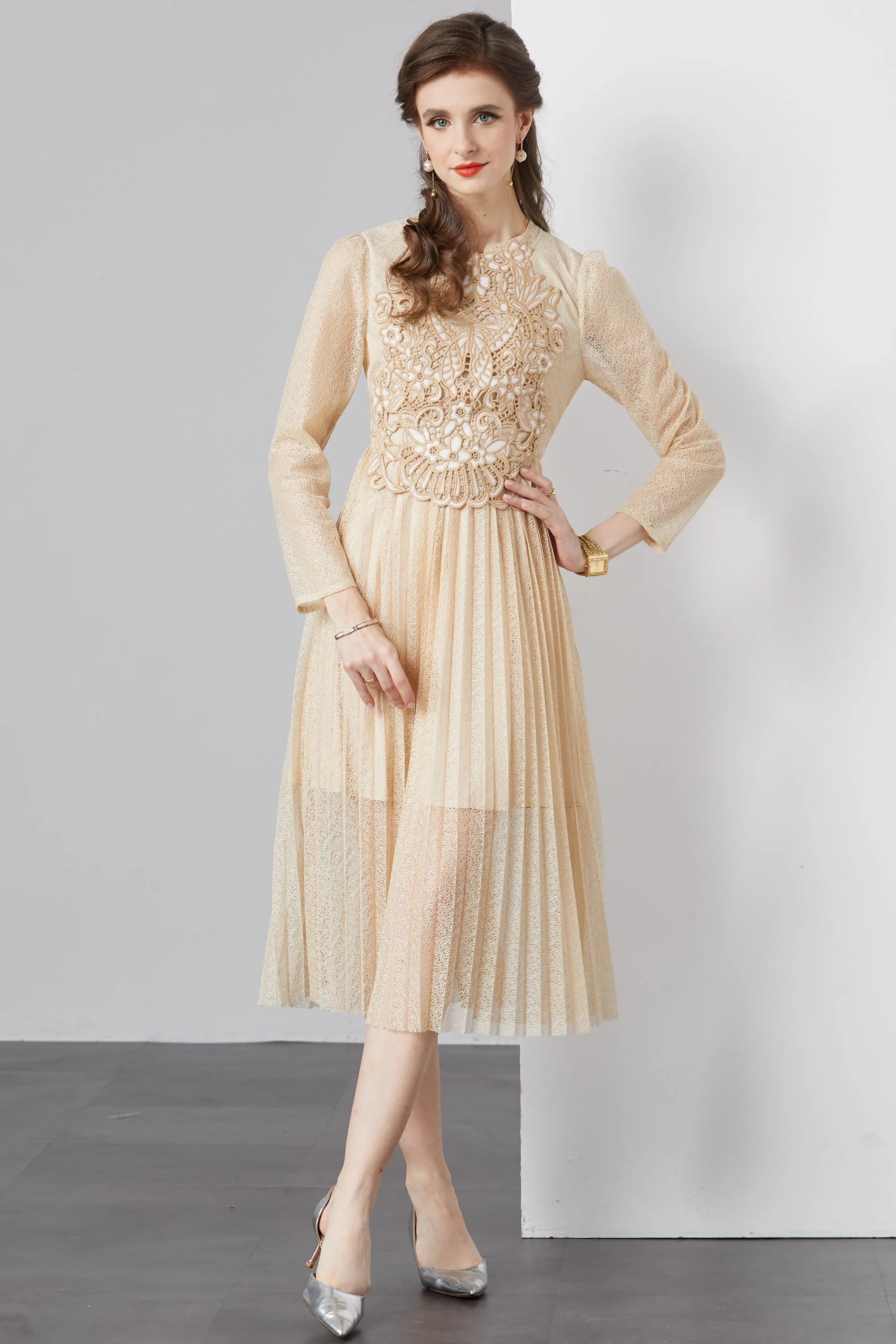 Women's Mesh Embroidery Pleated Midi Dress