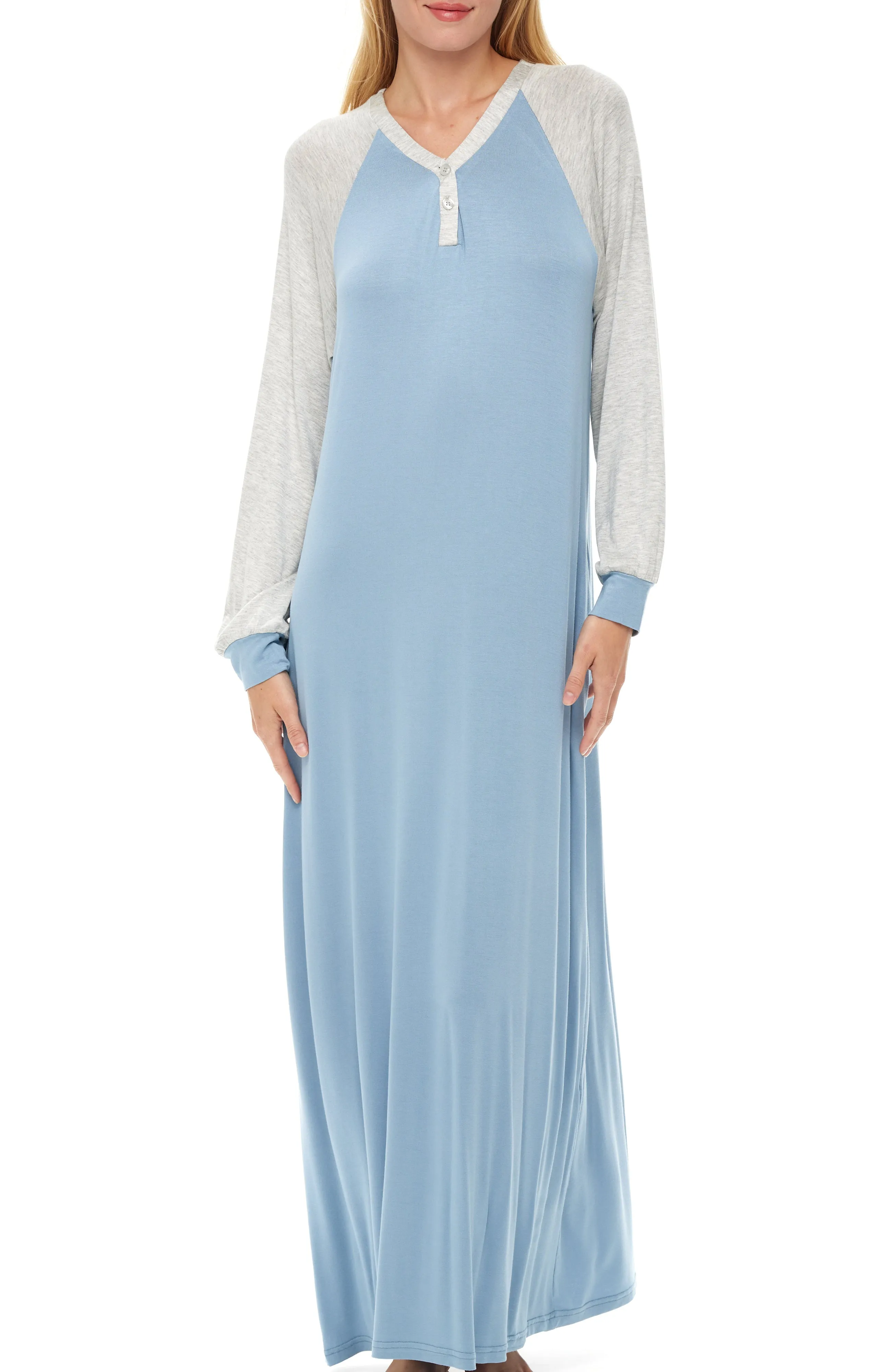 Women's Raglan Sleep Shirt with Pockets, Long Sleeve Nightshirt, Lightweight Nightgown