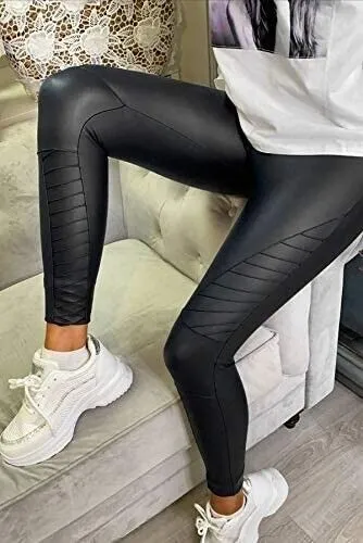 Women's Skinny High Waist PU Leggings Ladies Faux Leather Stretchy Biker Pants