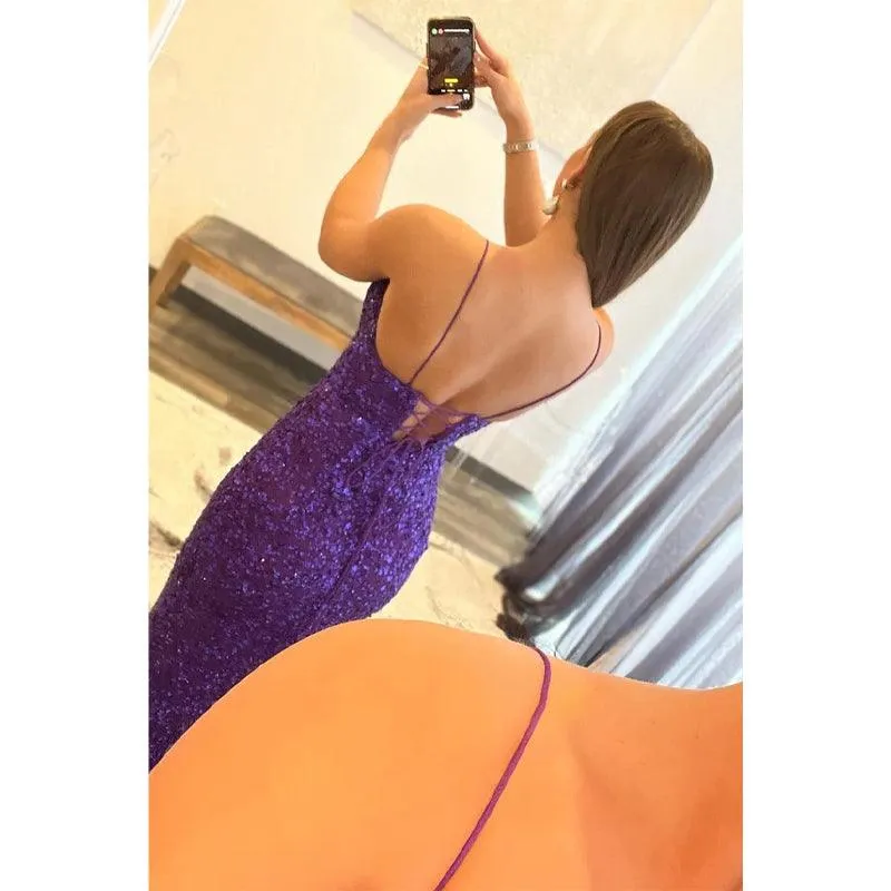 Women's Spaghetti Straps Purple Sequins Sparkly Prom Dress with Slit