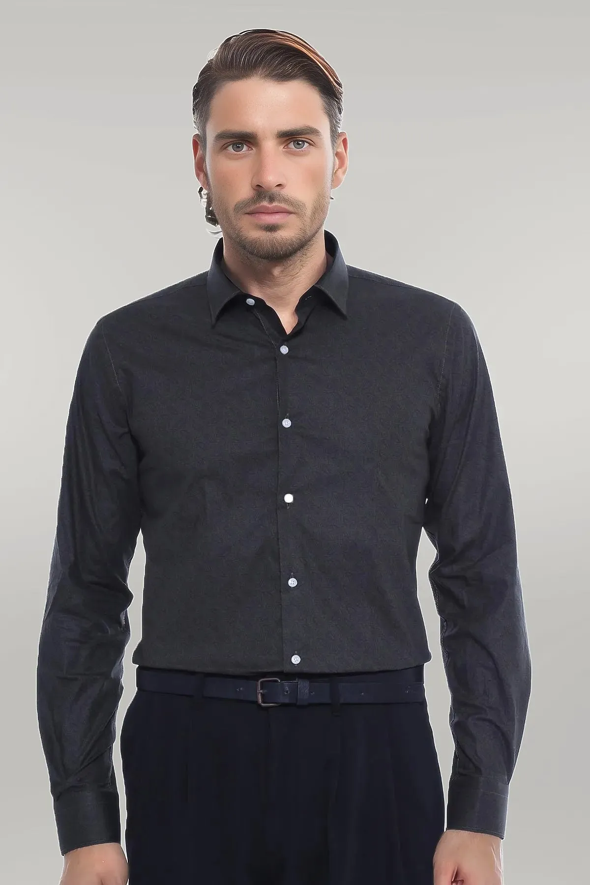 WSS Green Self Patterned Slimfit Shirt  - Singen