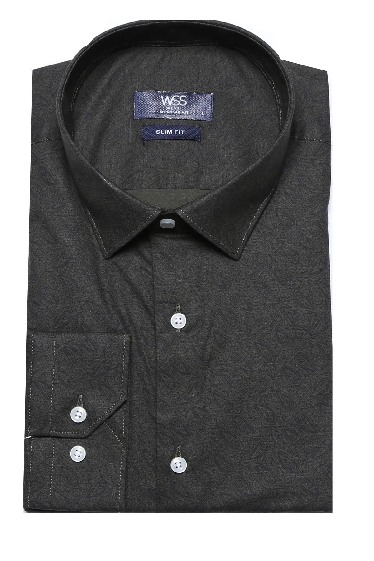 WSS Green Self Patterned Slimfit Shirt  - Singen