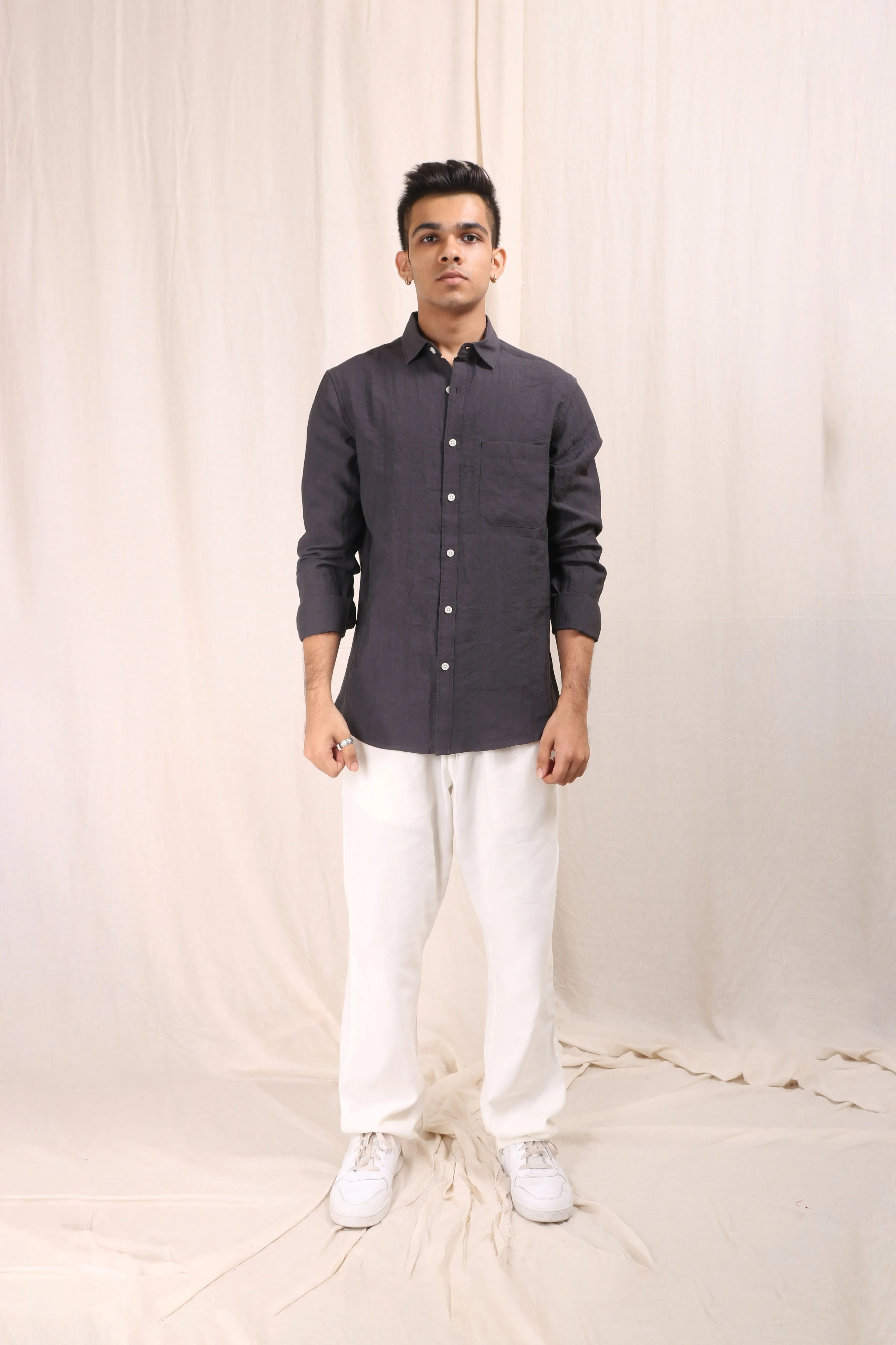 XKIND DARK GREY CRUSH WRINKLED LOOK REGULAR FIT SHIRT