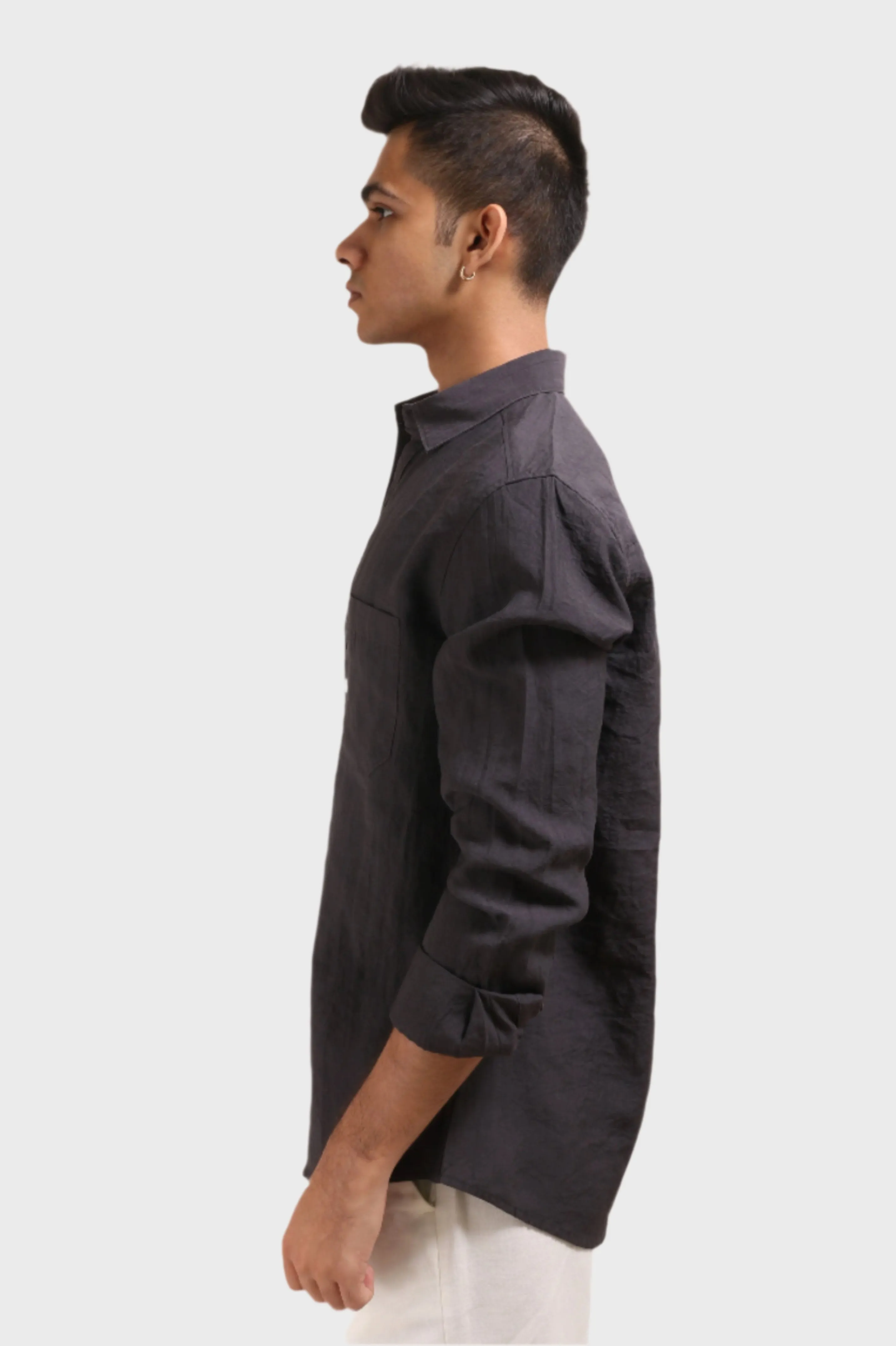 XKIND DARK GREY CRUSH WRINKLED LOOK REGULAR FIT SHIRT
